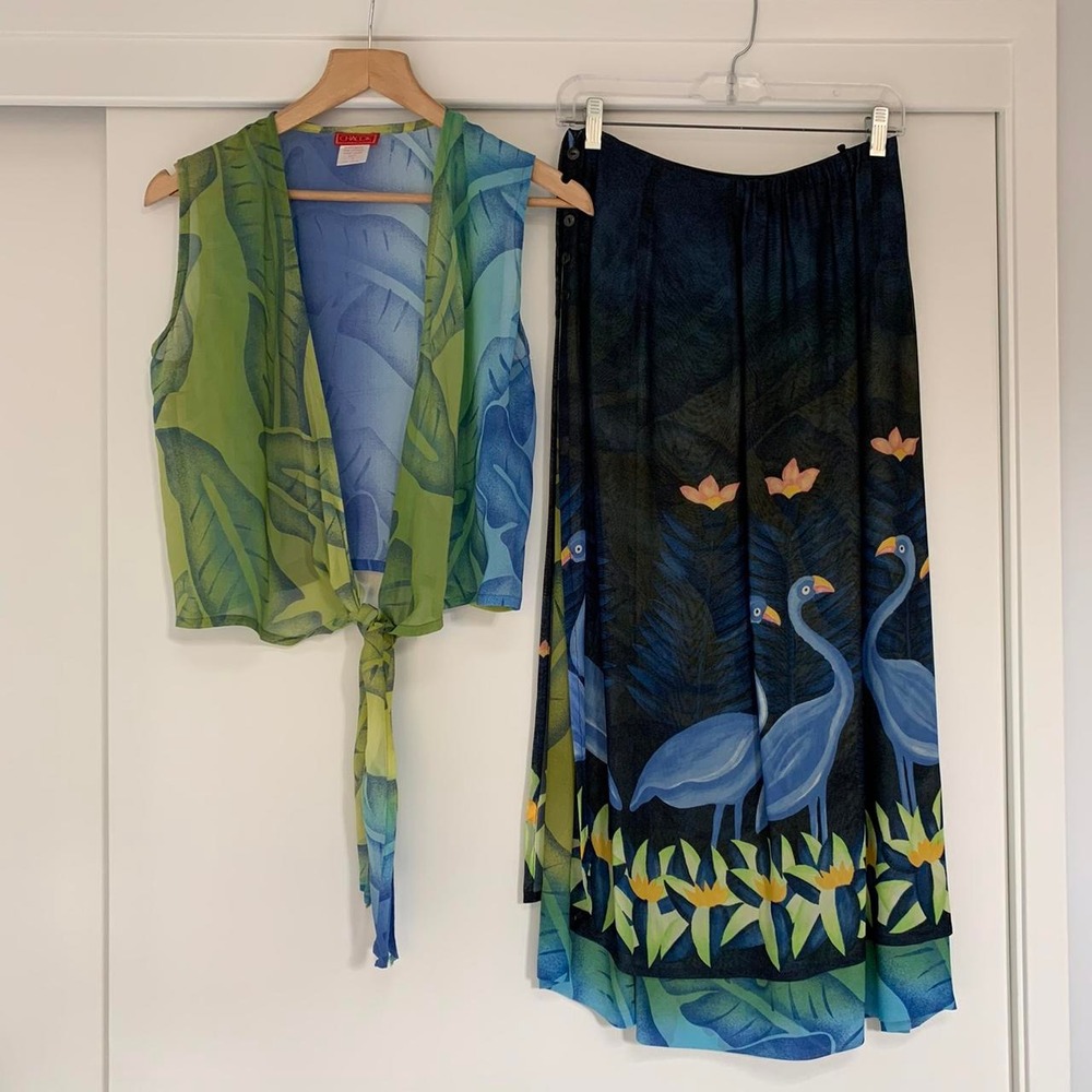 CHACOK Vintage Tropical Bird Print Set Tie Front Top & Long Skirt Made in France